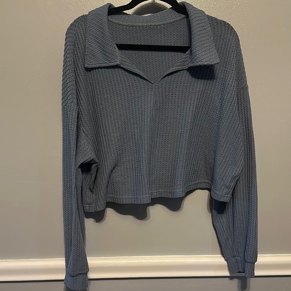 SHEIN Tops - SHEIN Blue Ribbed Polo Collar Sweatshirt